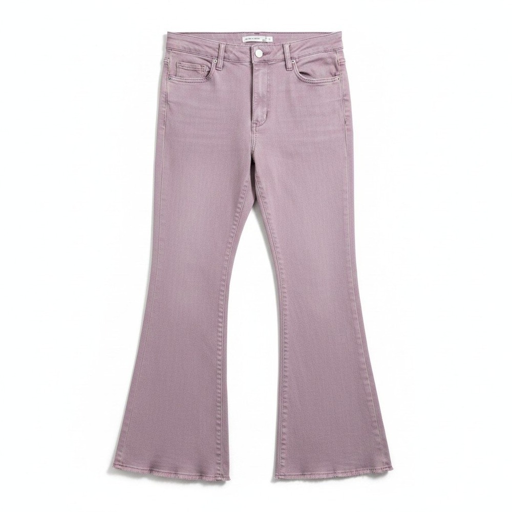 Altar'd State High Rise Flare Stretch Pink Denim Jeans Cotton Blend Raw Hem 30
